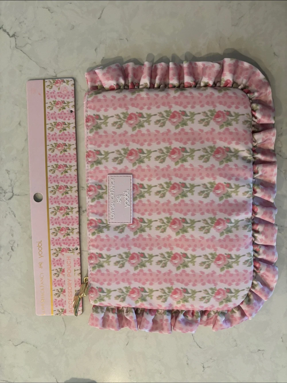 LoveShackFancy Pink Floral Ruffle Accessory Pouch